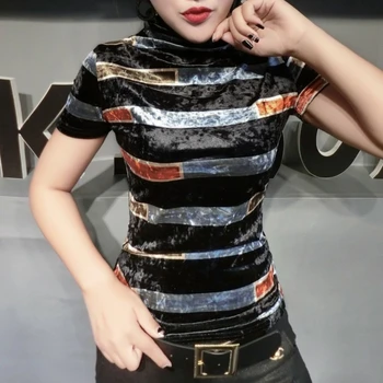 

2020 New Spring Summer European Clothes Turtleneck Pleuche Print Stripe T-shirt Women Tops Ropa Mujer Bottoming Shirt Tee T02213