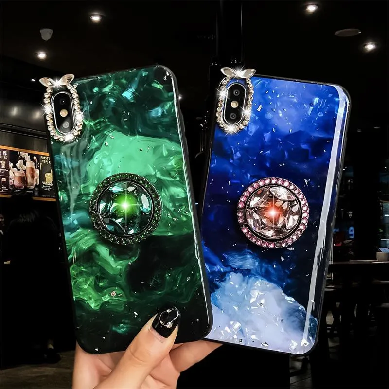 Green-emerald-marble-pattern-diamond-extension-bracket-shiny-silicone-cover-case-for-iphone-MAX-XS-XR