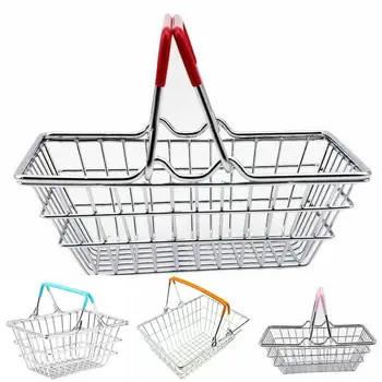 

Kids Pretend Toy Miniature Metal Simulation Supermarket Shopping Basket Desktop Storage Toy Gift Dollhouse Furniture Accessories