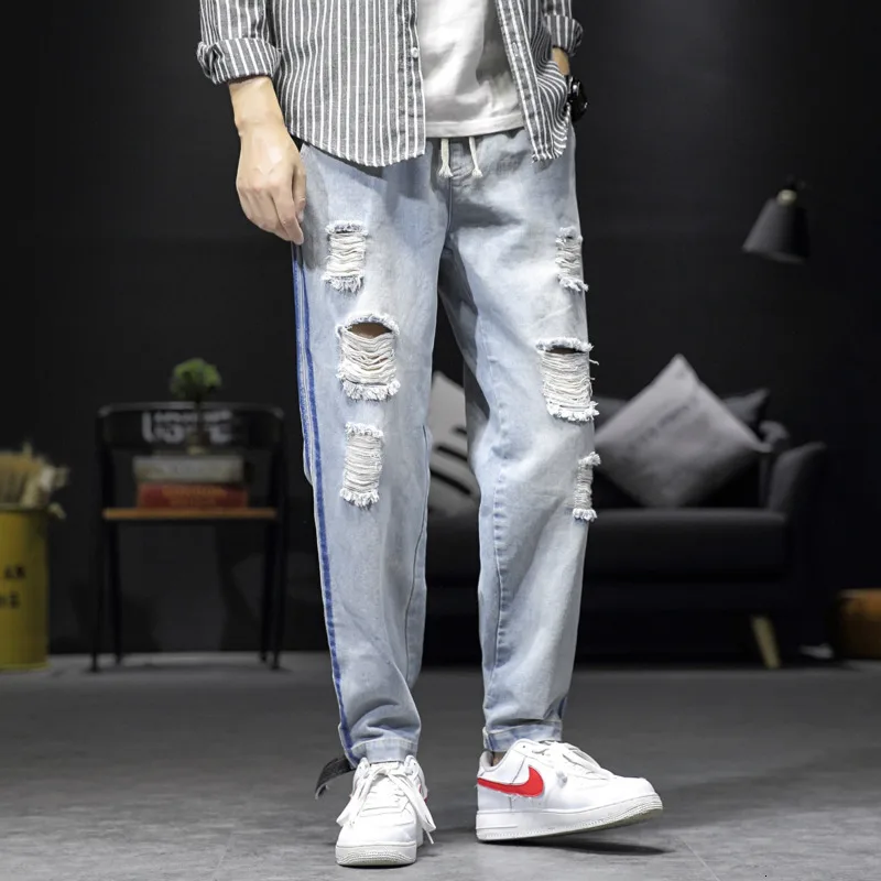 

Autumn New Hole Jeans Men Fashion Washed Solid Color Casual Denim Pants Man Streetwear Loose Hip-hop Harem Jean Trousers M-5XL