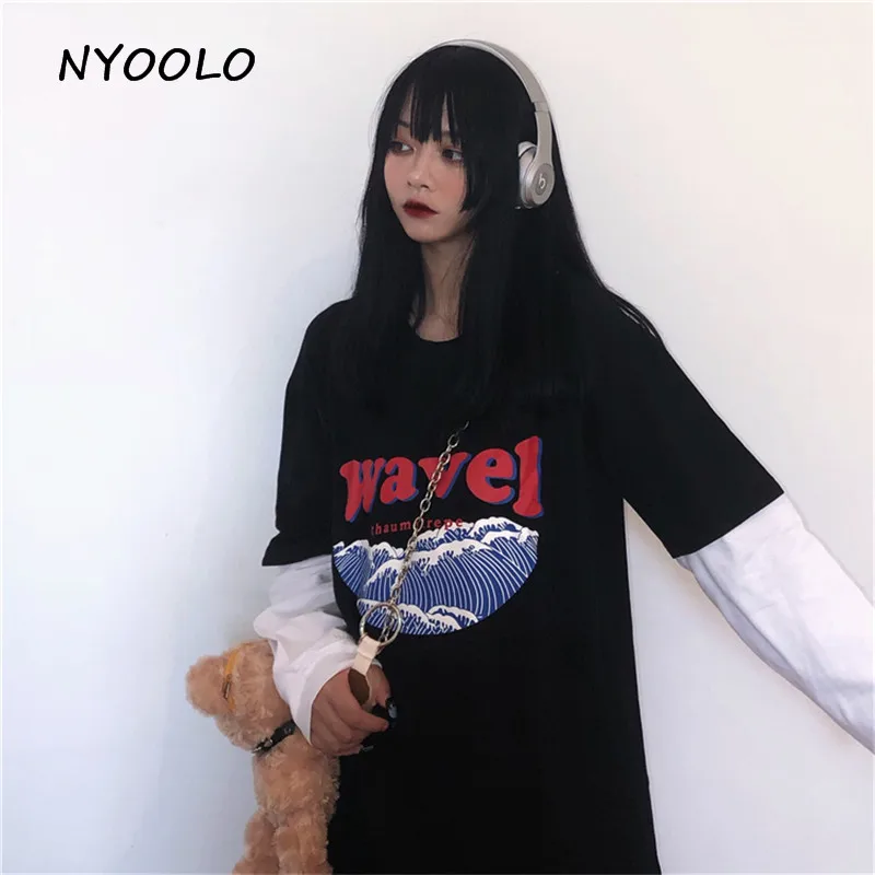 NYOOLO Harajuku стиль с волнистым буквенным принтом поддельные 2 шт. Лоскутная футболка осень уличная одежда с длинным рукавом Футболка для женщин и мужчин Топ