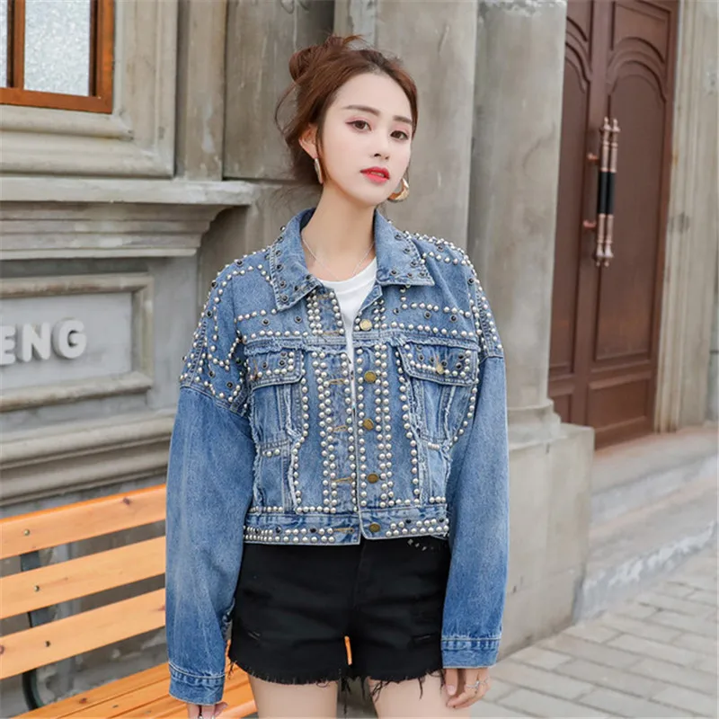 

Rivets Denim Jacket Short Autumn Single Breasted Loose Casual Jeans Coat Women Beading Boyfriend Style Spring Outerwear DS50892