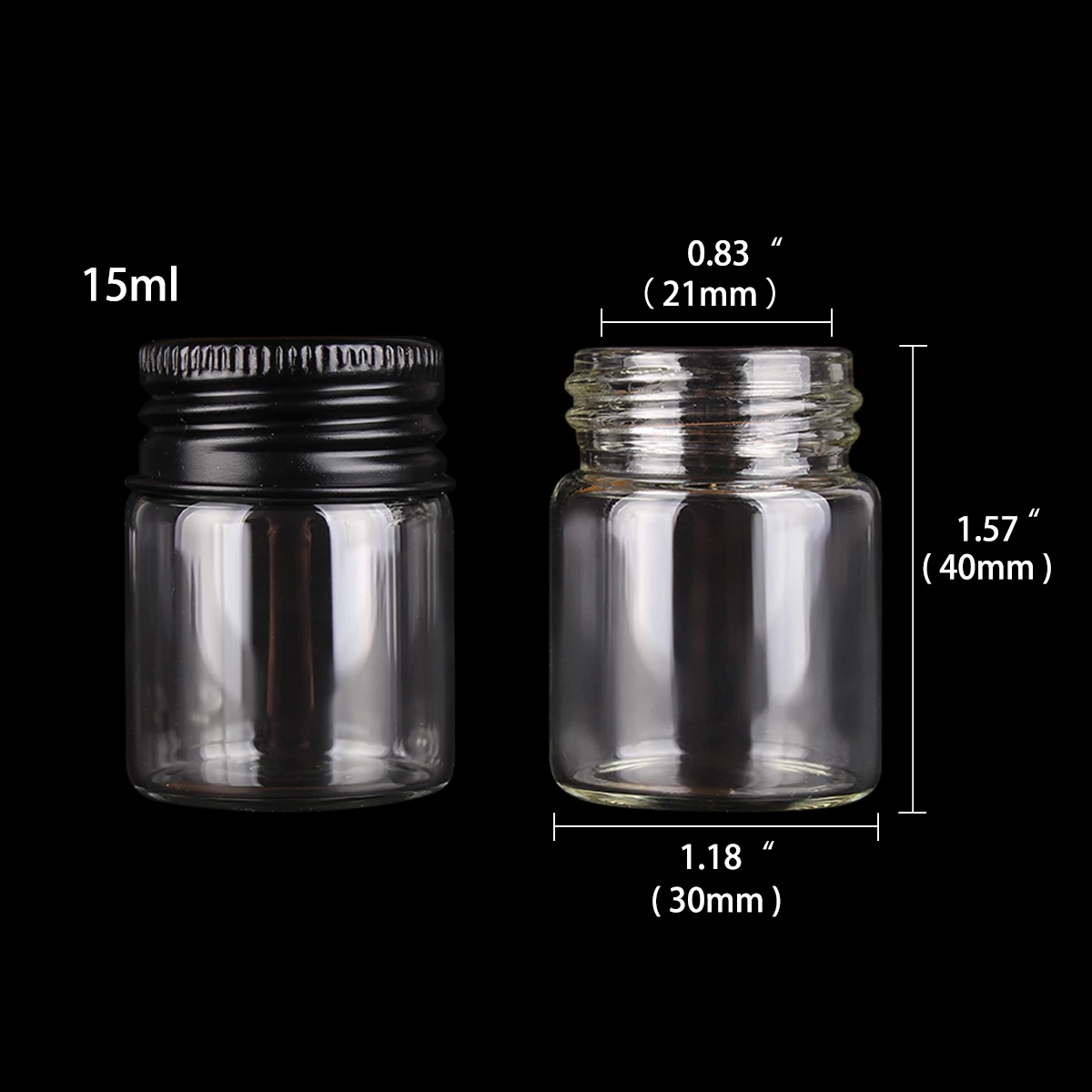 Assorted Glass Bottles with Black Aluminum Caps - Set of 12 Essential Potion and Spice Jars