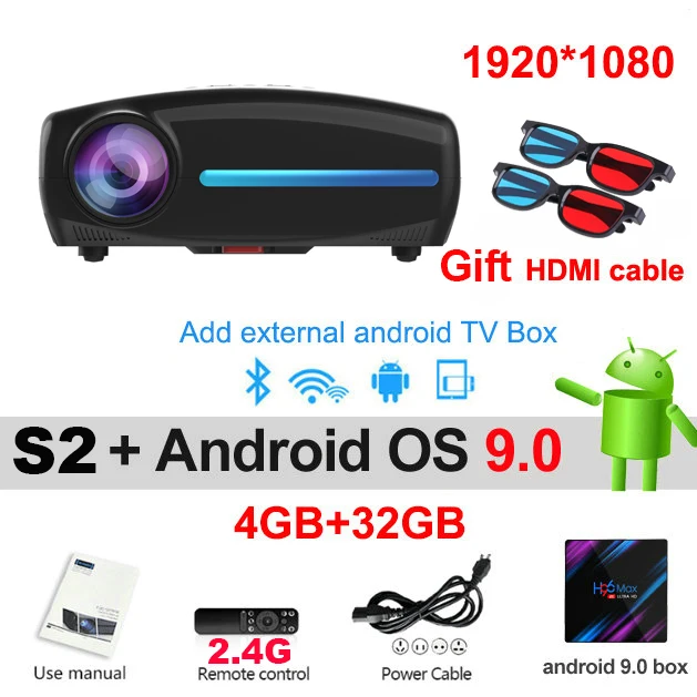 Vivicine S2 новейший проектор 1080 p, опция Android 9,0 HDMI USB PC 1920x1080 Full HD светодиодный проектор для домашнего кинотеатра - Цвет: Android 9.0 32G