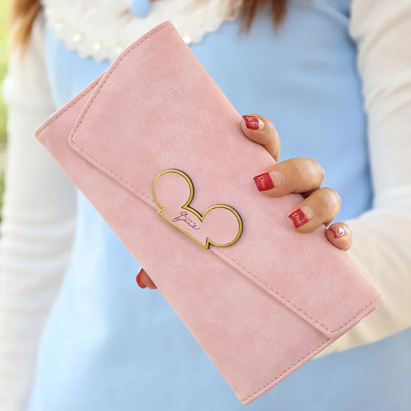 

Women Wallets Faux Leather Long Section Hasp Purse Mickey Head Oblique Cover Type Three Fold Clutch Coin Pocket Card Holder