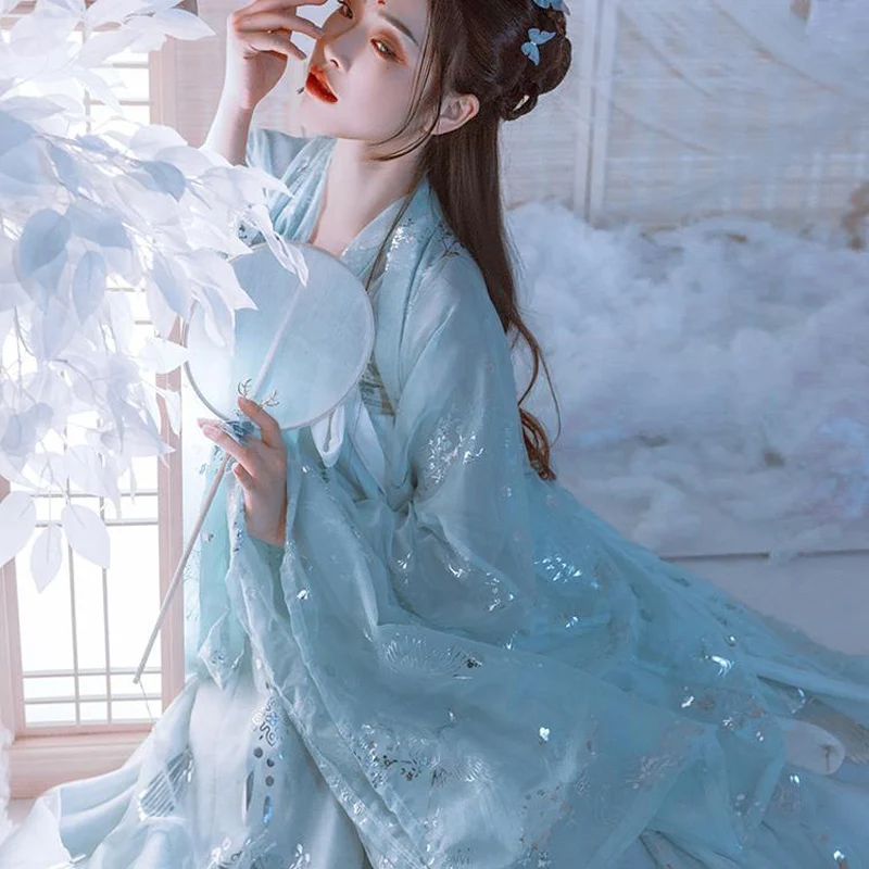 Female Traditional Hanfu Blue Chinese Style Dress Adult Undergarment Wide Sleeve Cardigan Tops Fairy Elegant Carnival Party