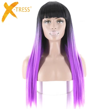 

Dark Roots Ombre Purple Color Synthetic Hair Wigs With Bangs High Temperature Fiber X-TRESS Long Straight Wig For Black Women