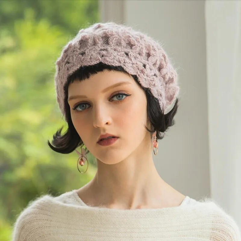 Flower Double-decker Beret Hat Women Spring Autumn Korean Berets Cap Girl Sweet Cute Knitted Hats Female Fashion Warm Caps H6772