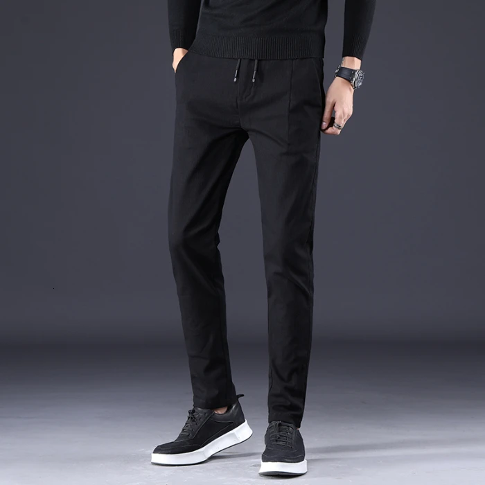 Новое поступление, мужские повседневные брюки от Harlan, мужские длинные брюки, облегающие, черные, синие, узкие брюки, с завязками на талии, мода - Цвет: Черный