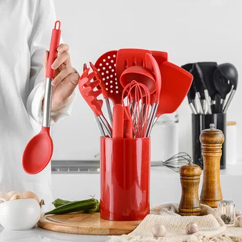 

9/10/12PCS Silicone Cooking Utensils Set Non-stick Spatula Shovel Wooden Handle Cooking Tools Set With Storage Box Kitchen Tools