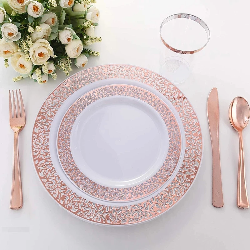 Disposable Rose Gold Plastic Plates For Birthday Party Decoration Of Celebration And Anniversaire Wedding Party Decor Supplies