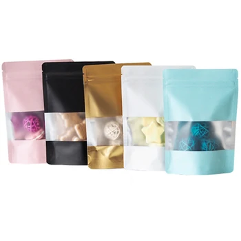 

50pcs Foil Stand Up Pouches with Frosted Window Self Sealing Ziplock Bags Tea Nuts Grains Packaging Storage Gift Bag
