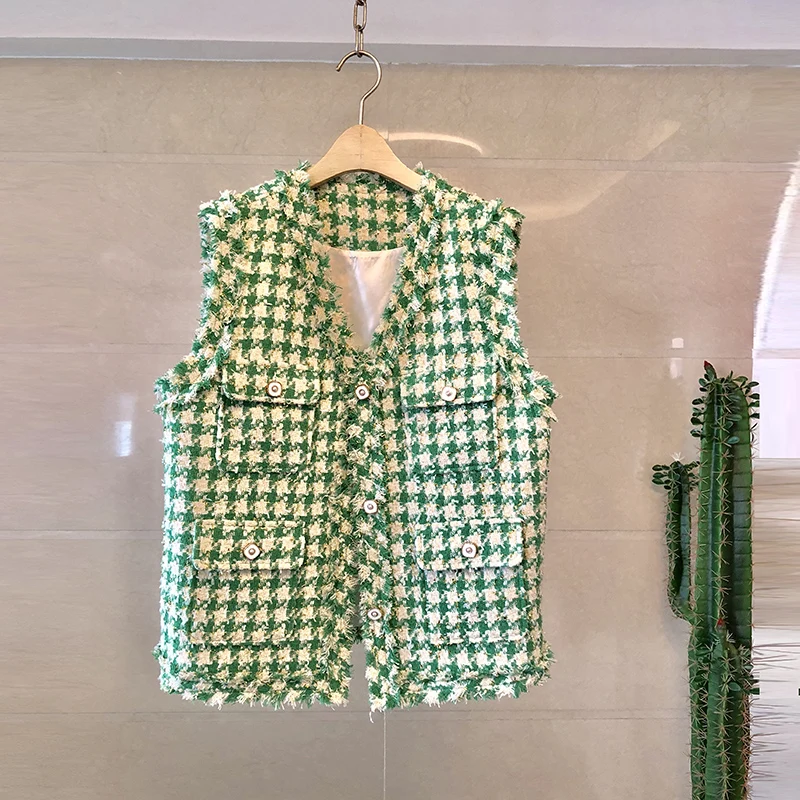 

Women High Fashion Fragrant Style Four Big Pockets Design Beautiful Tweed Vest Jacket 2019 Houndstooth Easy Match Waistcoat