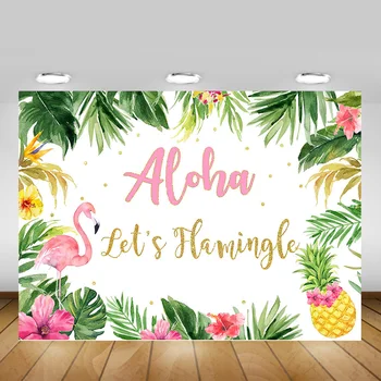 

Aloha Flamingo Themed Birthday Backdrop Photography Summer Tropical Leaves Flowers Background Let's Flamingle Photo Shoot