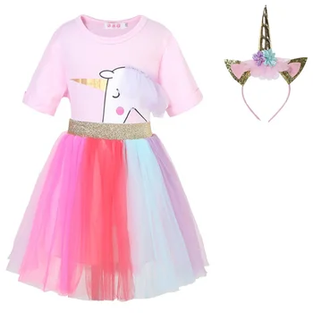 

Unicorn cotton pink T-shirt color yarn skirt headdress children's holiday cosplay holiday dress suit skirt