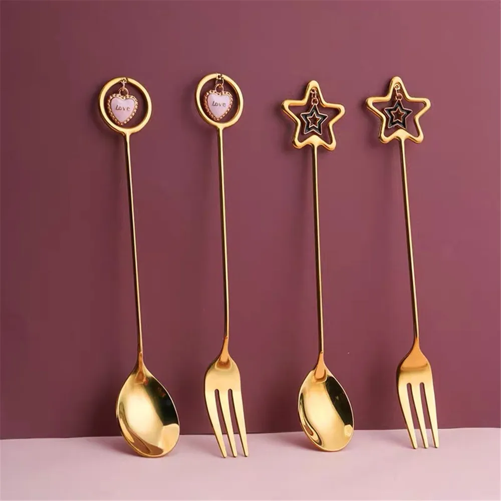 304 Stainless Steel Creative Cute Coffee Spoon Small Pendant Long Handle Water Cup Stirring Spoon Dessert Salad Fruit Fork 1PCS