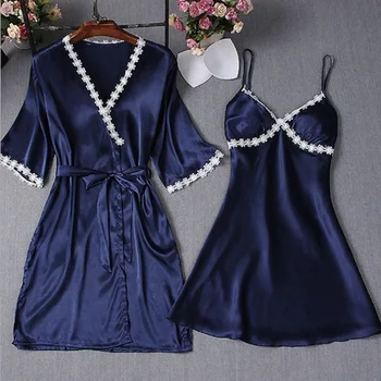 

Women's Sexy Satin Robe & Gown Sets Lingerie Nightwear Set Hot Sleepwear Dress Baby Doll Pajamas Casual Bathrobe Pink Black