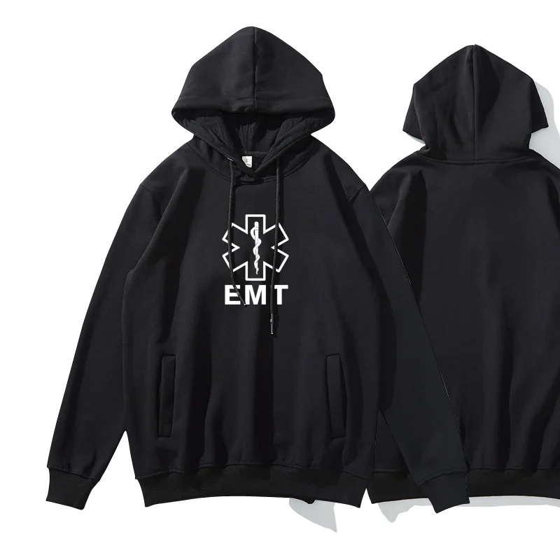 

Men's European and USA Hip Hop Style Streetweart EMT Print Autumn Winter Casual Solid Color Hooded Long-sleeved Thin Hoodie