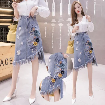 

Summer Casual Womens Ripped Pencil Denim Skirt Female Fashion Plus Size Woman Flowers Jeans Skirts With Embroidery Empire