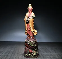 

8" Chinese Folk Collection Seikos Small Leaf Boxwood painted Ruyi Guanyin Bodhisattva Standing Buddha Gather fortune ornament