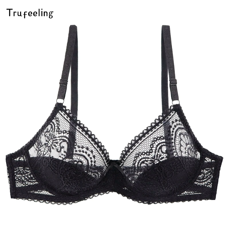 Trufeeling, сексуальный бюстгальтер, ультратонкий, прозрачный, чашка 3/4, без губки, на косточках, без косточек, черный, Цветочный, Кружевной Бюстгальтер, чашка B C для молодых девушек
