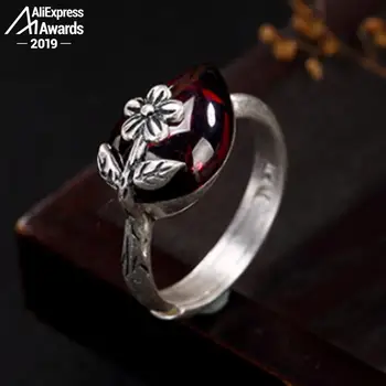

S925 Fine Antique shop Ruby Rings Women Daisy Flower handmade Natural Carnelian Retro Ruby red jasper Agate