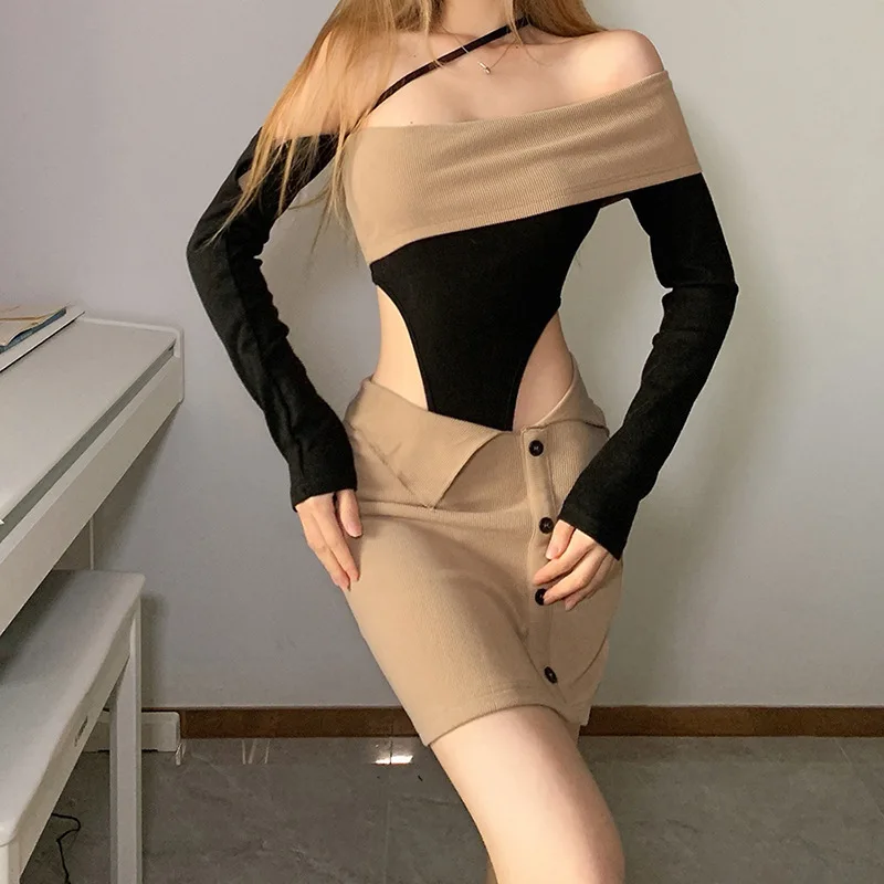 

2023 Spring Sexy Hollow Out Knitted Bodycon Skirt Suit Women Elegant Long Sleeve Dress 2 Pieces Sets Fashion Casual Female Sets