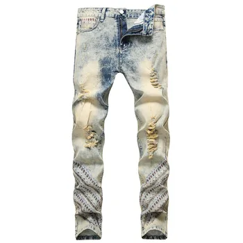 

2019 New fashion Light Colour Jeans Male Embroidered Holes Directly Autumn Hip Hop Mens Jeans Stretch Ripped Skinny Jeans Male