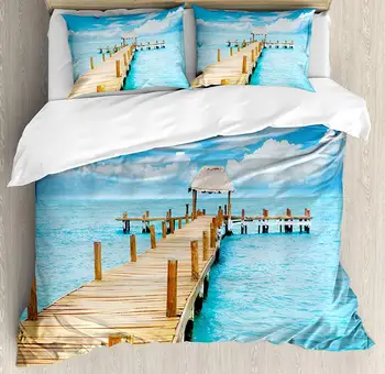 

Tropical Duvet Cover Set Bungalow on Clear Sea Travel Destination Beach Seascape Exotic View Decorative 3 Piece Bedding Set