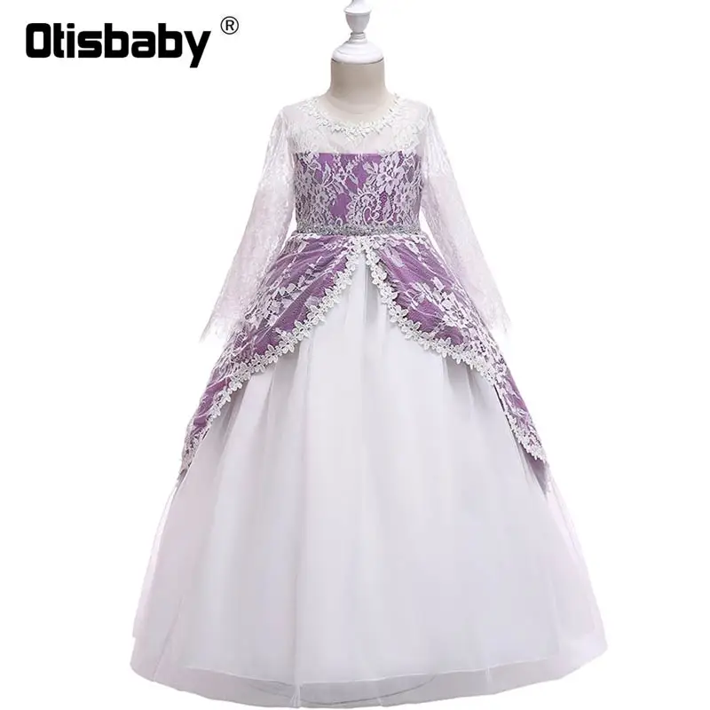 Purple Set Новые детские кружевные свадебные вечерние платья в пол с длинными рукавами и цветочным рисунком для девочек; бальное платье для дня рождения; платье принцессы для церемоний - Цвет: Purple Set