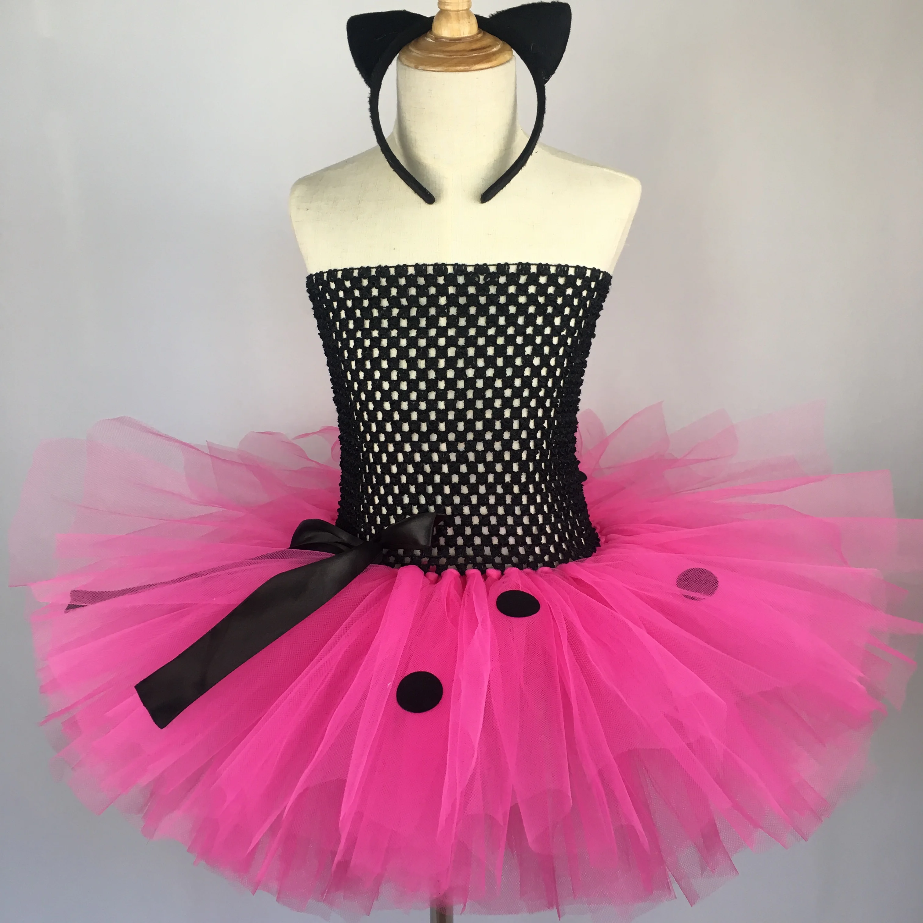 Dziewczynek czarny różowy Tutu sukienka dzieci szydełka gorset tiul sukienka  z kropkami kot Hairbow dzieci kostium na przyjęcie bożonarodzeniowe sukienki|Suknie|  - AliExpress