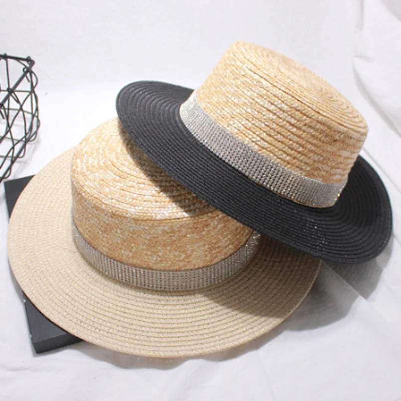 Trend Hats Men And Women Summer Straw Visor Seaside Vacation Color Matching Straw Flat Straw Hat Bright Diamond Hat Travel Beach