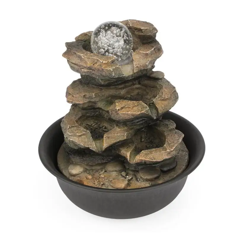 4-Tier Cascading Resin-Rock Falls Tabletop Water Fountain with LED Geomantic Ball for Office Study Room Indoor Home Desk Decor