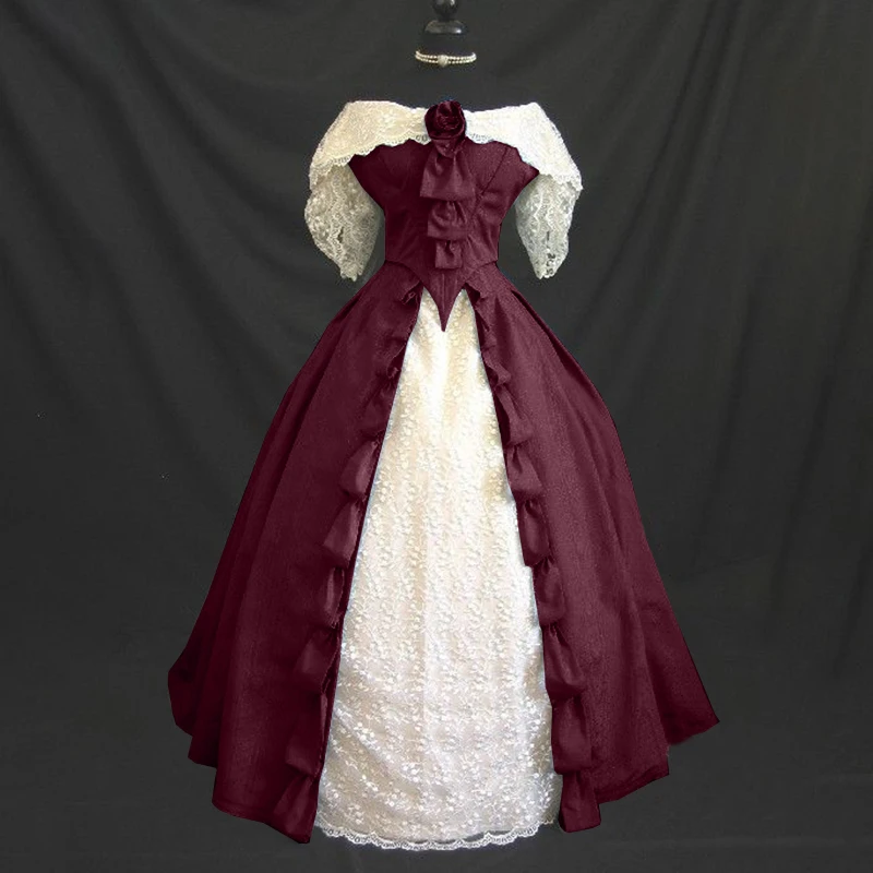 

Women Maxi Dress Gothic Court Medieval Dress Vintage Lace Boat Neck Lady Swing Elegant Vintage Retro A-line Ruffle Party Dresses