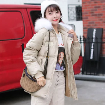 

Solid Fur Hooded Down Coat Women Winter Plus Size Warm Cotton BF Parka Coat Female Casual Loose Windproof Zipper Pocket Outwears