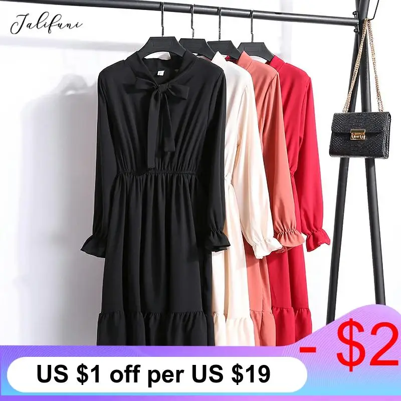 

Spring Autumn Black Chiffon Party Dress Fashion A-Line Bow Full Sleeve Female Dress Elastic High Waist Long Dress Vestidos 2020