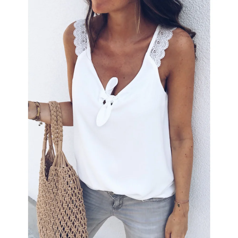 Модные женские кружевные топики с узлом без рукавов, повседневные свободные летние топы для девушек, футболки