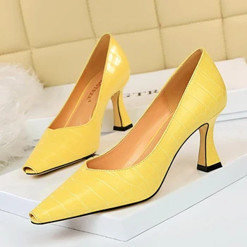 Zapatos de tacón alto de 8cm para Mujer, calzado elegante de diseñador de lujo, en color amarillo y verde, para otoño, 2020