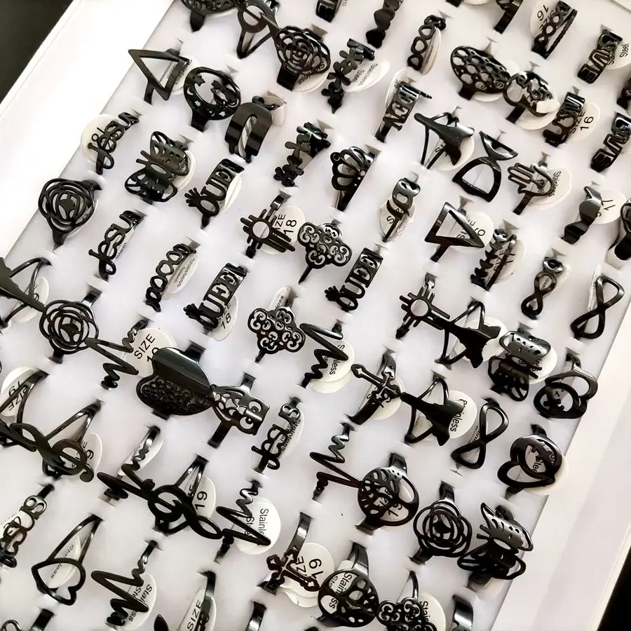 Wholesale Bulk 100pcs/lot Laser Cutting Pattern Mix Stainless Steel Rings Women Party Ring 4