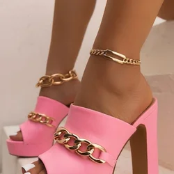 2021  Summer New Style Women's Fashion Foreign Trade Women's Shoes Gold Chain Open Toe Stiletto Sandals Comfortable Casual Shoes