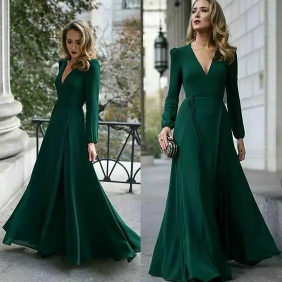 3 Colors Women Party Dress Solid Long Sleeve V-neck Draped Floor Length Sexy Formal Ladies Club | Женская одежда