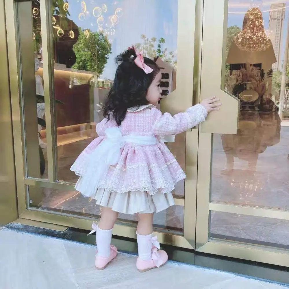 3 предмета, осенне-зимнее розовое праздничное платье принцессы в стиле испанской Лолиты для маленьких девочек, бальное платье в клетку с длинными рукавами для детей