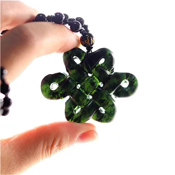 

Natural Black Green Jade Chinese Knot Pendant Beads Necklace Charm Jewelry Double-sided Hollow Carved Amulet Gifts for Her Men
