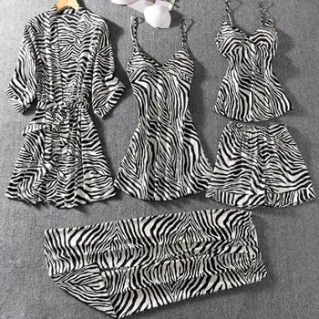 

Satin Print 5PCS Robe Set Nightwear Women Silky Kimono Gown Sleepwear Sexy Nightdress Intimate Lingerie 2020 New Nightgown