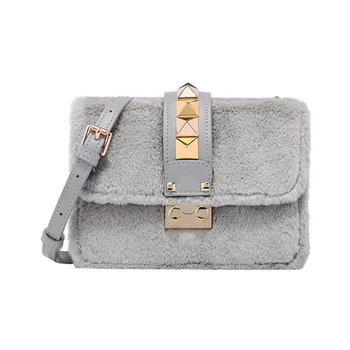 

2019 Winter Latest Wool PU Square Warm Fashion Rivet Chain Crossbody Female New Designers Messenger Bag for Women