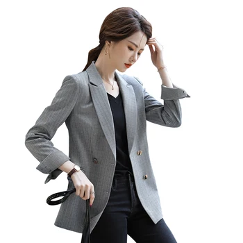 

Office Jacket High Quality Fashion Gray Women Long Blazer Casual Wear Long Sleeve Coat Lady Top with Pocket Plus Size Two Button