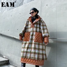 [EAM] свободное шерстяное пальто в клетку с разрезом большого размера, парки, новинка, с капюшоном, с длинным рукавом, женская мода, Осень-зима, 1N309