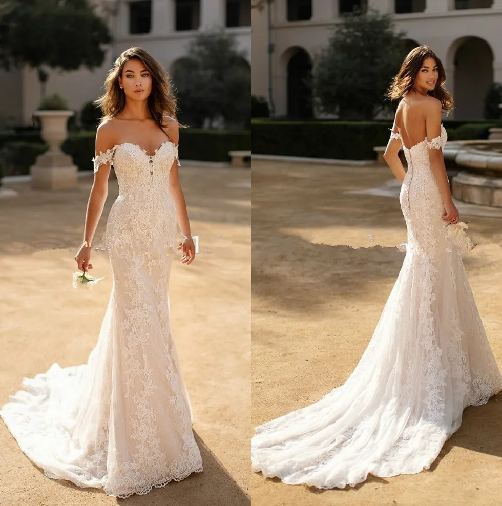 

Off The Shoulder Lace Mermaid Wedding Dresses 2020 Tulle Applique Sweep Train Bridal Gowns Robes De Mariée