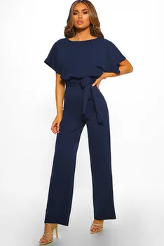 

New 2020 summer lace-up button short-sleeved women's jumpsuit fashion solid color wide-leg workwear jumpsuit