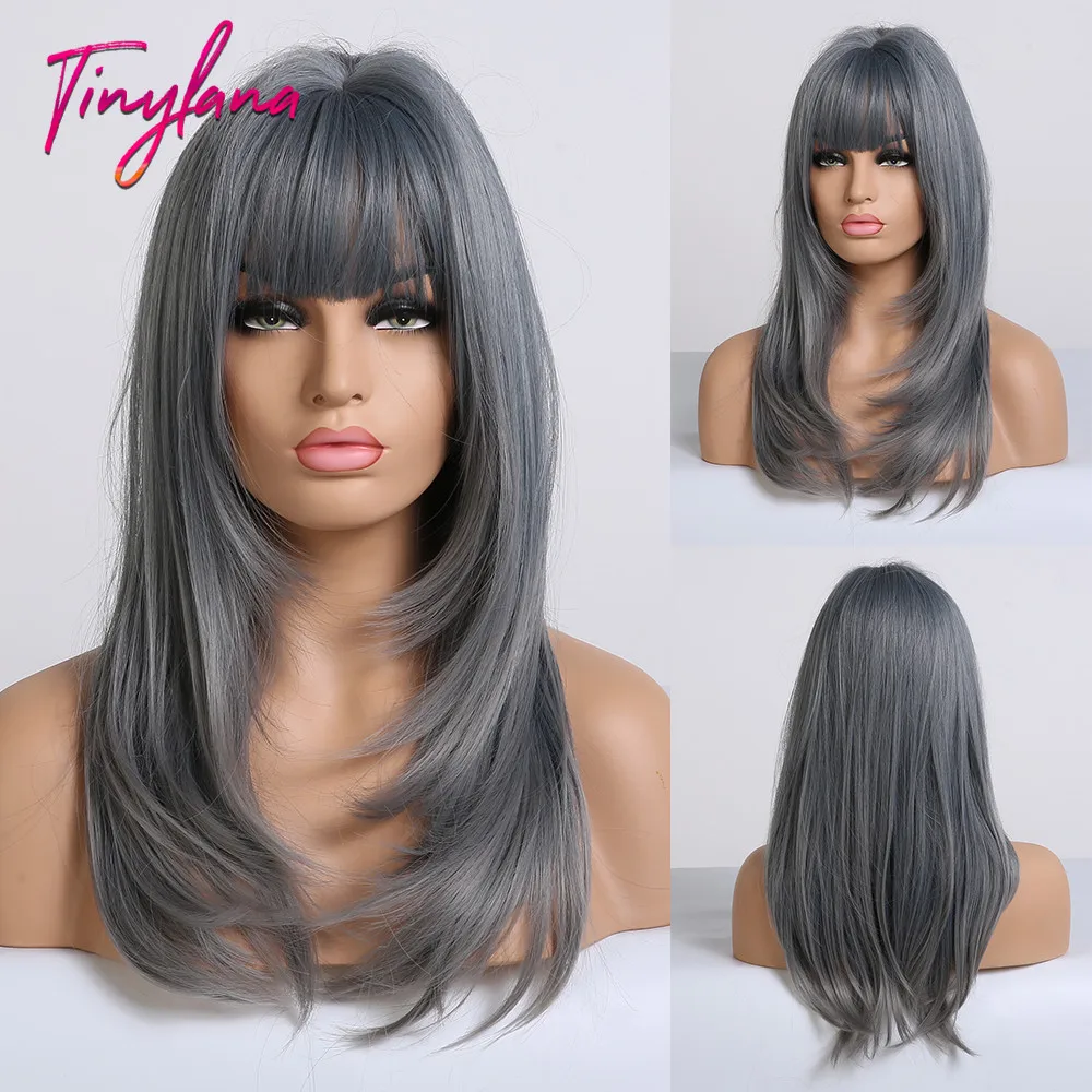 

TINY LANA Ash Blue Long straight Hair with Bangs Synthetic Wig for Women Lolita&Cosplay High Temperature Fiber Layered Wigs afro